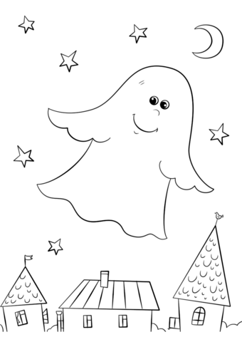 Cute Ghost Flying Over Rooftops Coloring Page